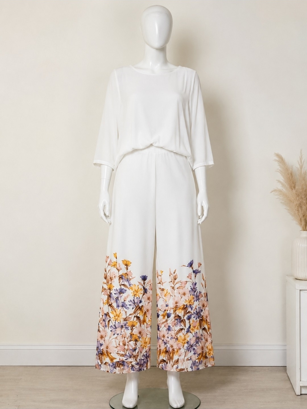 MSK Women's S White Floral Border Print Wide Leg Cropped Pants Lined Zip